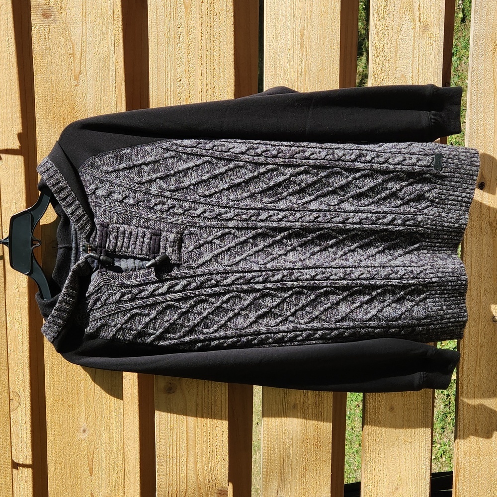 Outpost Makers Galaxy Hooded Henley Cable Knit Sweater Pullover Barrel Buttons L